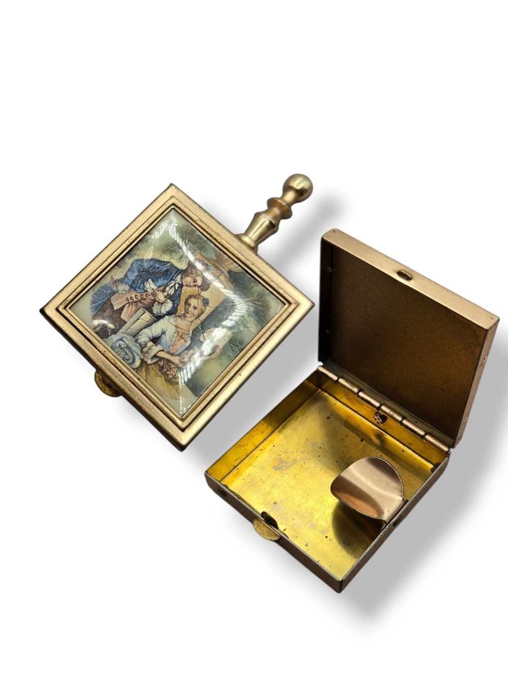 Vintage Mini Pocket Ashtray Brass Handle Mid Century Victorian Revival Aesthetic